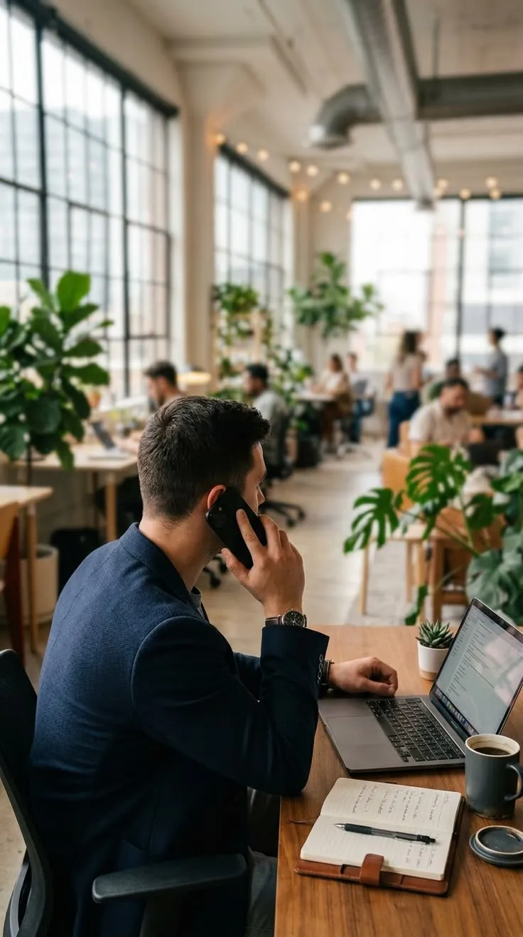A former customer on the phone at a plant-filled desk, mid conversation